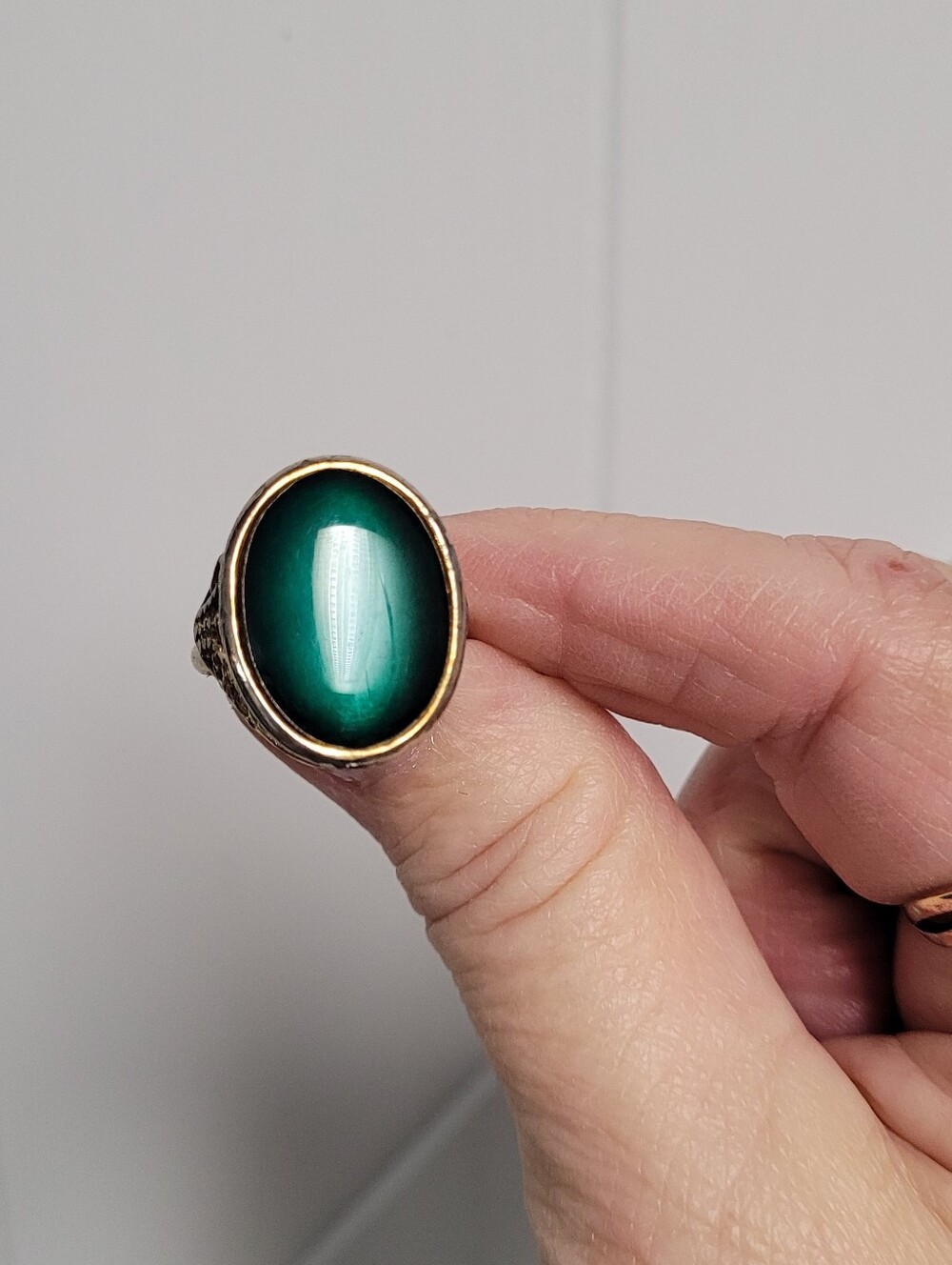 Hand Crafted Emerald Green Oval Cabochon Ring with Gold Bezel